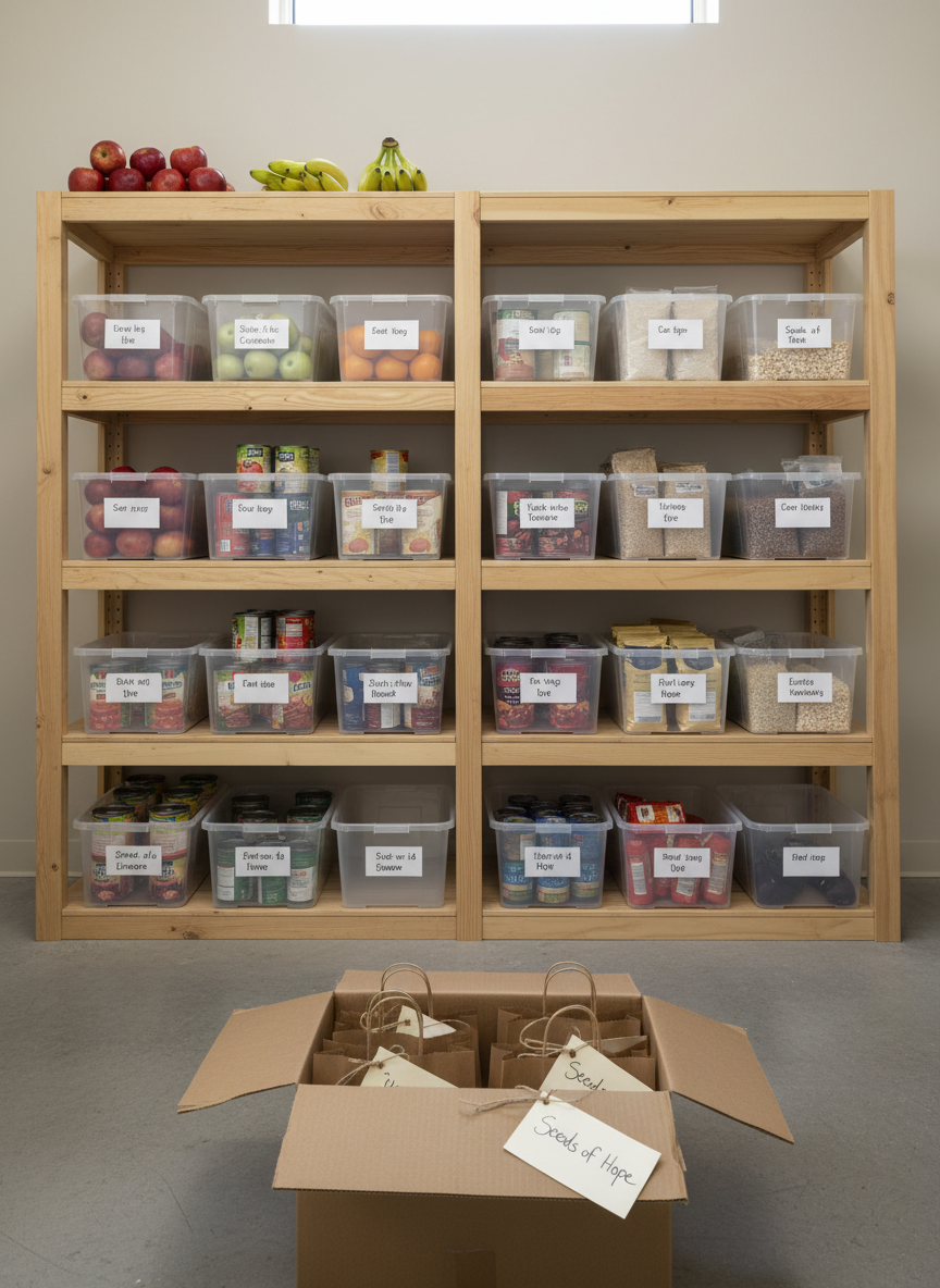 A neatly organized community food pantry shelf, stocked with labeled clear plastic bins of fresh fruit, canned goods, and whole grains, arranged with care on sturdy light-wood shelving. A large cardboard box in the foreground is open, revealing carefully packed meal kits with handwritten note cards that say “Seeds of Hope.” The scene sits inside a modest, clean storage room with pale neutral walls and a concrete floor. Soft, diffused daylight enters from an unseen high window, casting gentle shadows and a calm, hopeful atmosphere. Photographic realism, eye-level composition with sharp focus throughout, subtly emphasizing order, dignity, and preparedness without showing any people.