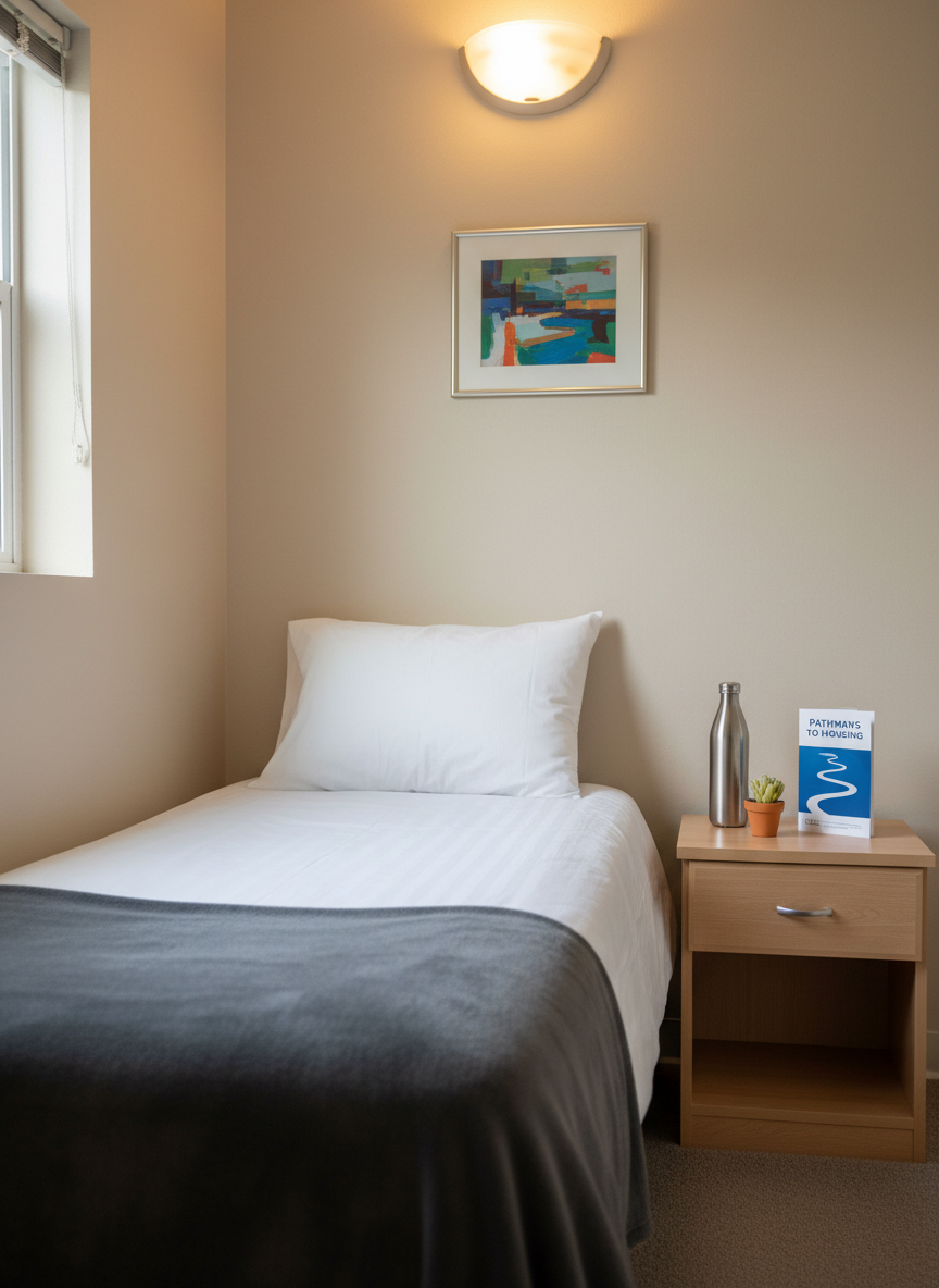 A tidy temporary shelter sleeping area featuring a single narrow bed made with a crisp white sheet, a folded gray blanket at the foot, and a new pillow in a simple cotton case. At the bedside, a small light-wood nightstand holds a reusable water bottle, a small potted plant, and a brochure titled “Pathways to Housing.” The room’s walls are painted a soothing light beige, with a single framed abstract print adding color. Soft, warm overhead lighting and a hint of natural light from a small side window create a peaceful, secure atmosphere. Photographic realism, eye-level composition with moderate depth of field, emphasizes cleanliness, dignity, and a sense of refuge.