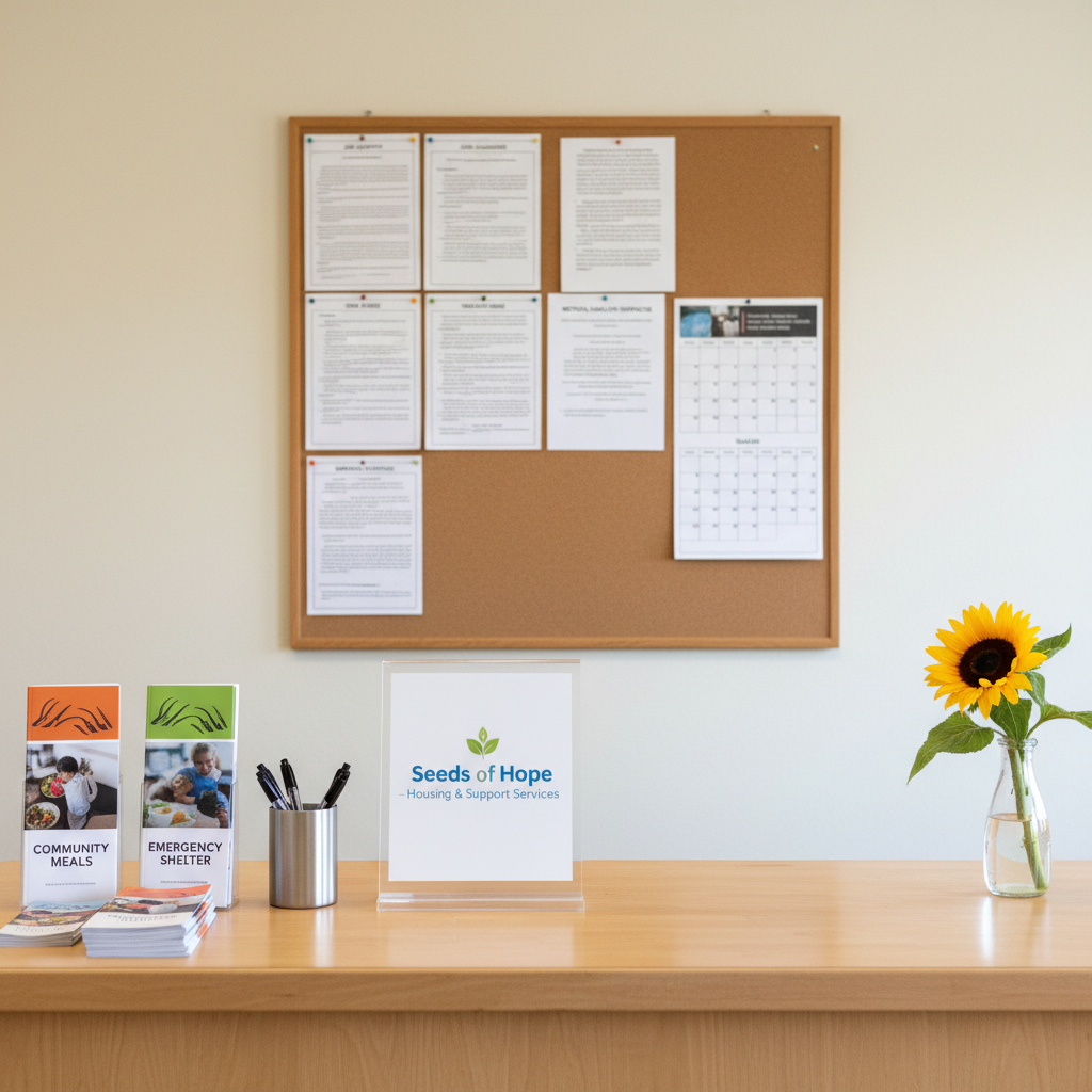 A welcoming intake desk in a nonprofit support center, featuring a smooth light-wood countertop with a clearly printed sign that reads “Seeds of Hope – Housing & Support Services.” On the desk rest organized stacks of informational brochures about meals, clothing, and shelter, a metal pen holder, and a small vase with a single fresh sunflower. Behind the desk is a neutral wall with a large corkboard covered in neatly arranged printed resource lists and a simple calendar. Soft, bright daylight from windows behind the viewer illuminates the scene evenly, reducing harsh shadows and creating a professional, calm mood. Photographic realism, centered composition, sharp focus, communicating trustworthiness and structure without showing any staff or visitors.