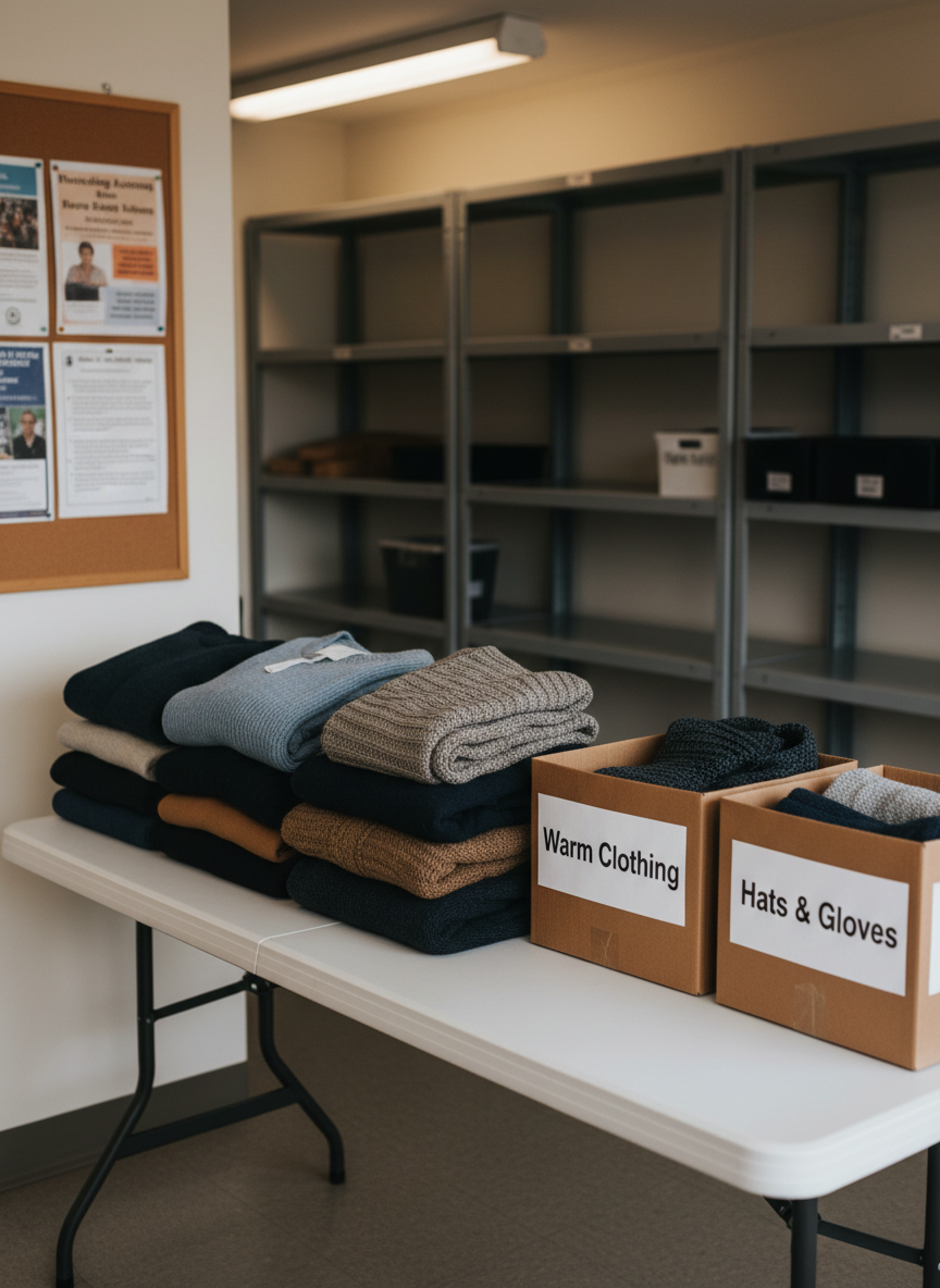 A row of neatly folded winter coats, sweaters, and scarves in muted blues, grays, and earth tones stacked on a clean white folding table, each garment looking freshly laundered and well cared for. Beside them, labeled cardboard boxes read “Warm Clothing,” “Hats & Gloves,” and “New Socks.” The setting is a simple, well-lit donation room with metal shelving in the background, slightly out of focus, and a bulletin board displaying printed flyers about housing assistance. Overhead fluorescent lighting is softened to feel warm and inviting, creating minimal, gentle shadows. Photographic realism, shot from a slightly elevated angle, conveys professionalism, organization, and compassionate support without any human presence.