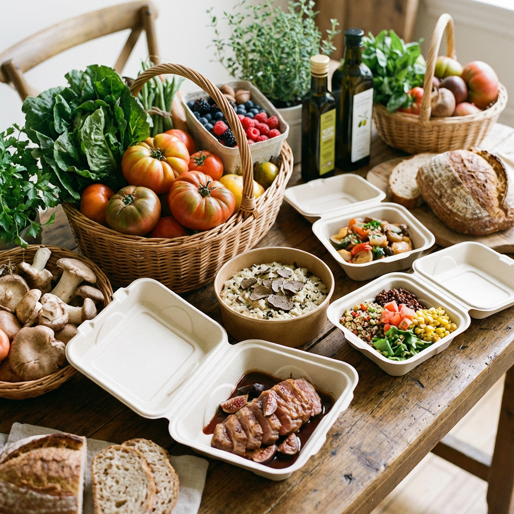 A rustic table filled with baskets of fresh produce and various gourmet takeout dishes.